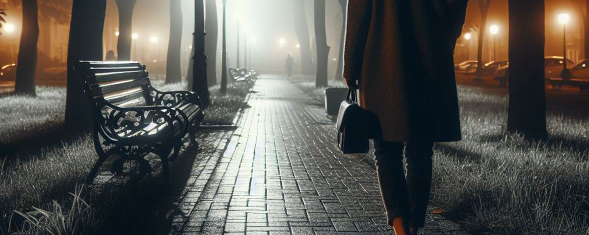 Das Foto zeigt eine Frau die alleine durch einen Park bei Nacht spaziert.